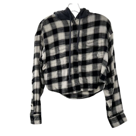 American Eagle Women's Plaid Cropped Jacket Hooded Button Up Distressed Small - Picture 1 of 9